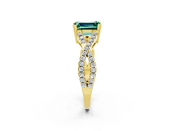 Yellow gold Emerald Cut Green Sapphire Solitaire Ring with Four-Prong Setting and Twisted Pavé Band