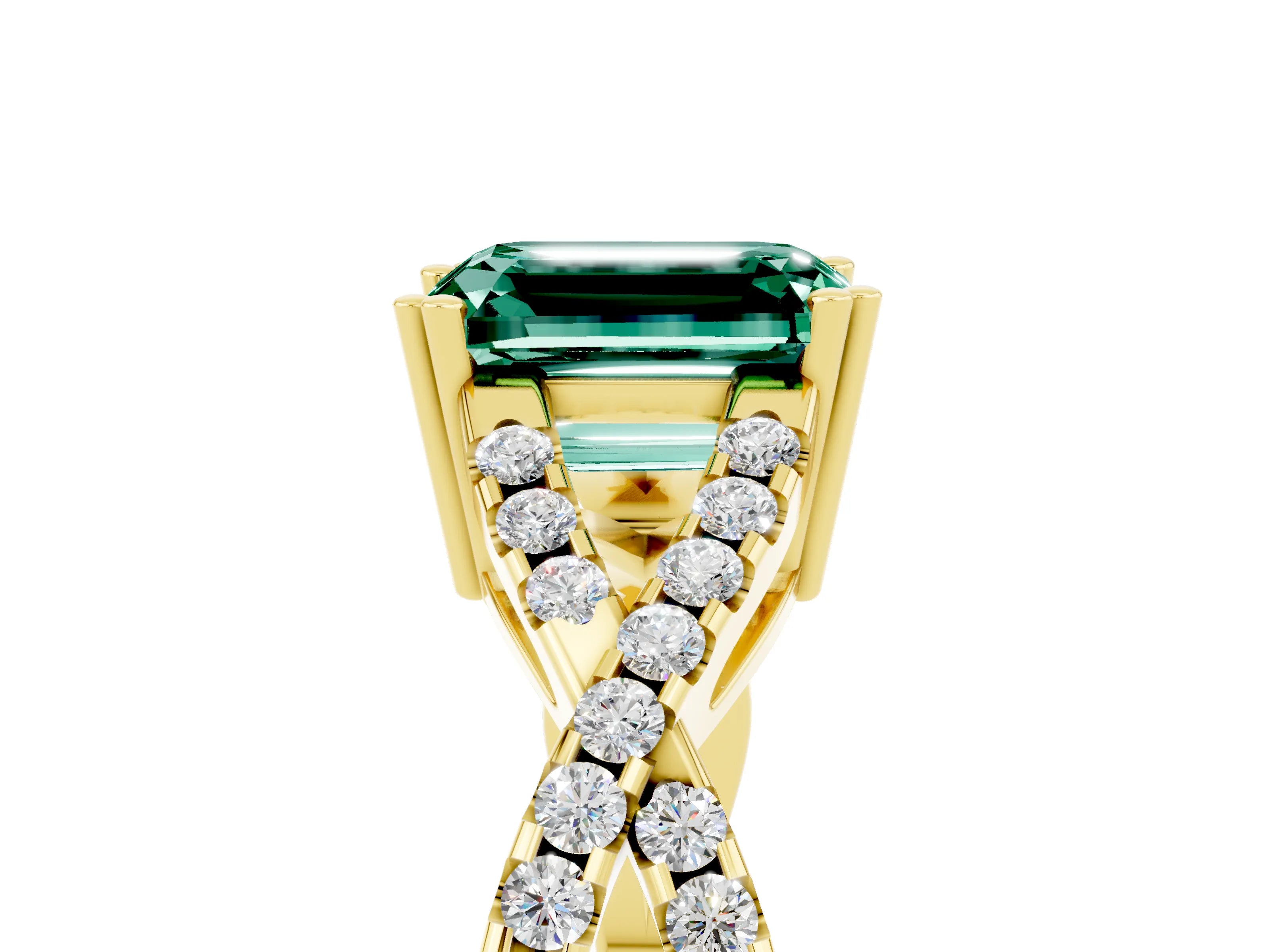 Yellow gold Emerald Cut Green Sapphire Solitaire Ring with Four-Prong Setting and Twisted Pavé Band_5
