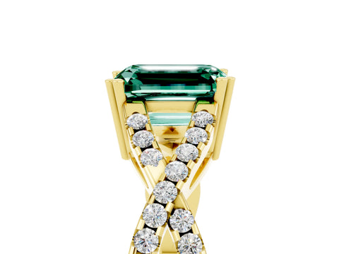 Yellow gold Emerald Cut Green Sapphire Solitaire Ring with Four-Prong Setting and Twisted Pavé Band_5