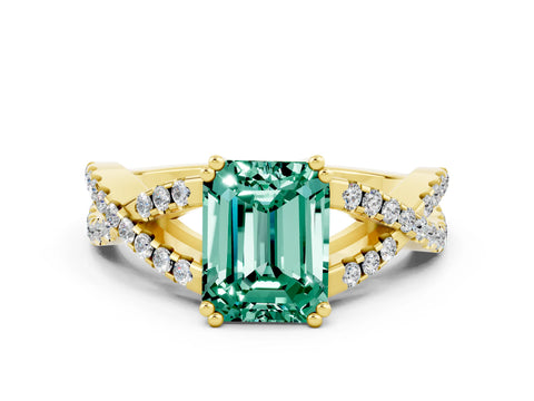 Yellow gold Emerald Cut Green Sapphire Solitaire Ring with Four-Prong Setting and Twisted Pavé Band