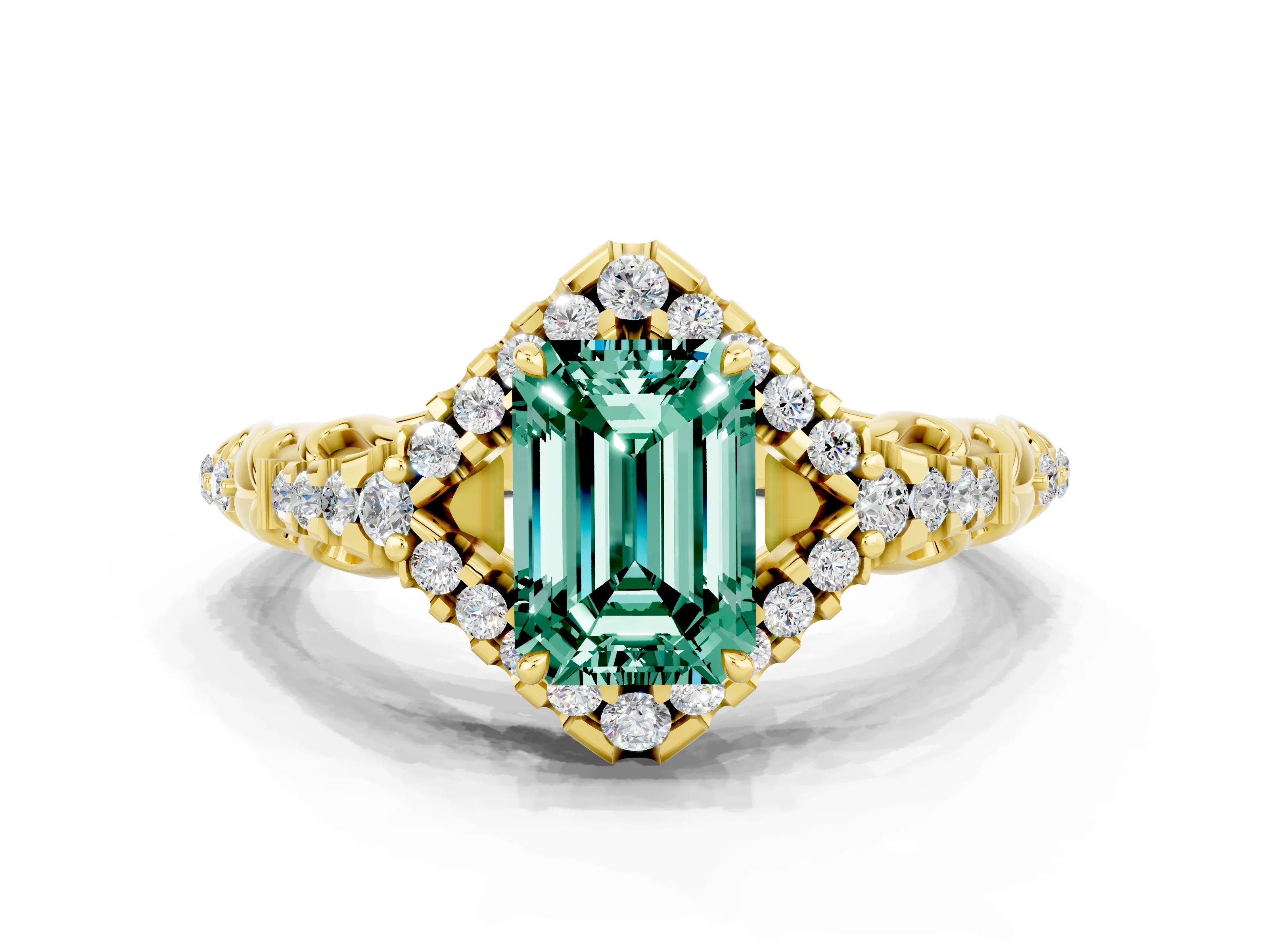 Yellow gold Emerald Cut Green Sapphire Solitaire Ring with Hidden Halo and Pavé Band_12