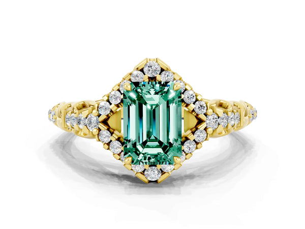 Yellow gold Emerald Cut Green Sapphire Solitaire Ring with Hidden Halo and Pavé Band