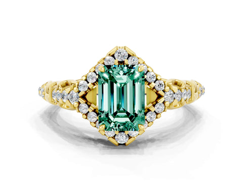 Yellow gold Emerald Cut Green Sapphire Solitaire Ring with Hidden Halo and Pavé Band_12