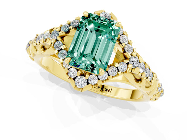 Yellow gold Emerald Cut Green Sapphire Solitaire Ring with Hidden Halo and Pavé Band