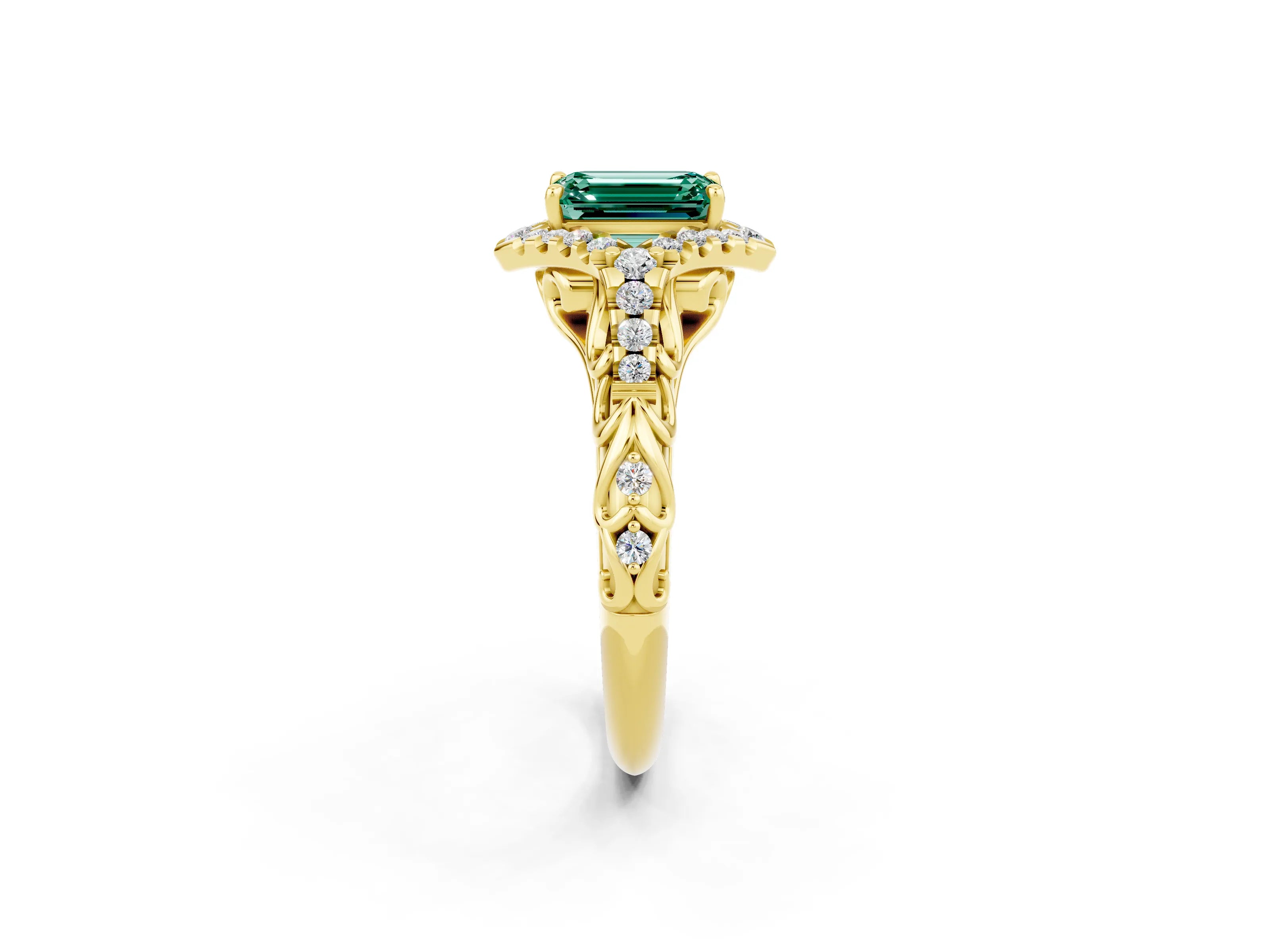 Yellow gold Emerald Cut Green Sapphire Solitaire Ring with Hidden Halo and Pavé Band_14