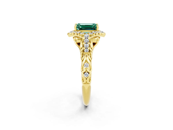 Yellow gold Emerald Cut Green Sapphire Solitaire Ring with Hidden Halo and Pavé Band