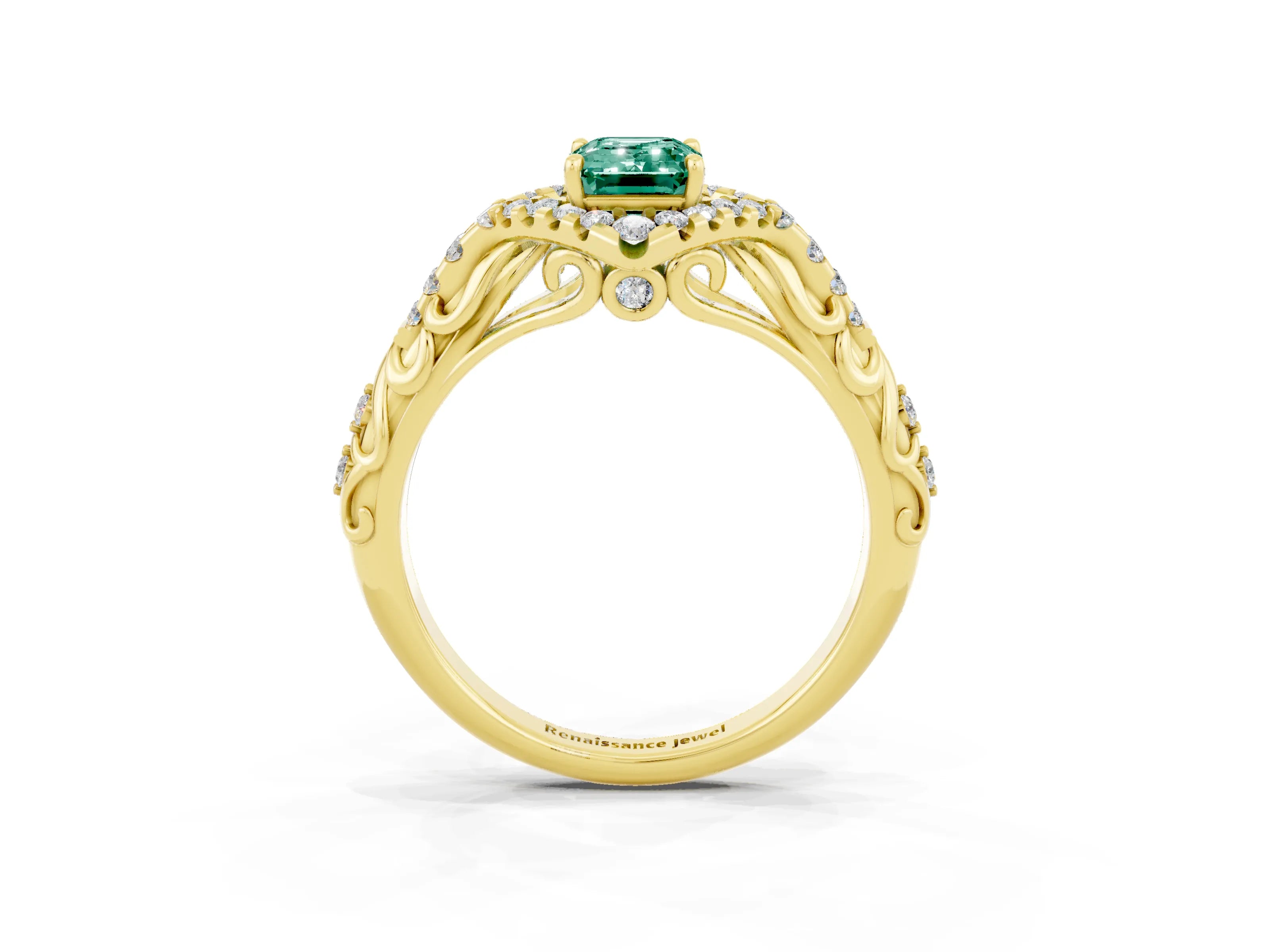Yellow gold Emerald Cut Green Sapphire Solitaire Ring with Hidden Halo and Pavé Band_15
