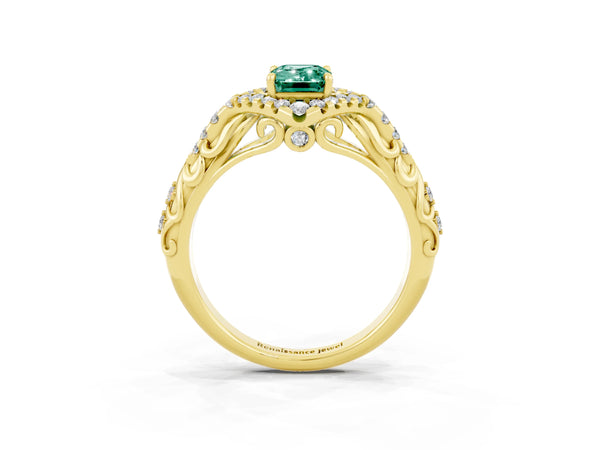 Yellow gold Emerald Cut Green Sapphire Solitaire Ring with Hidden Halo and Pavé Band
