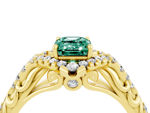 Yellow gold Emerald Cut Green Sapphire Solitaire Ring with Hidden Halo and Pavé Band_16