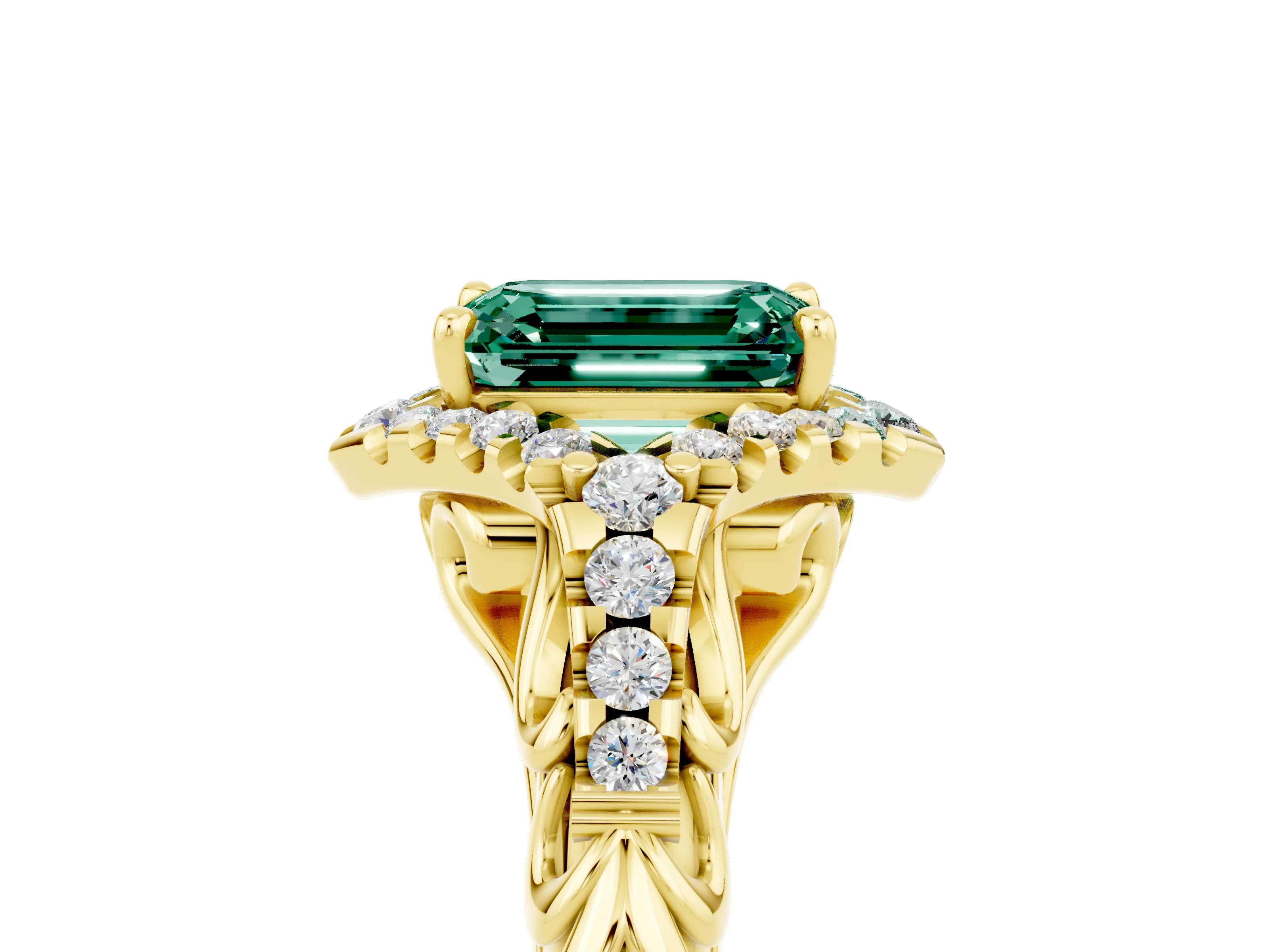 Yellow gold Emerald Cut Green Sapphire Solitaire Ring with Hidden Halo and Pavé Band_17