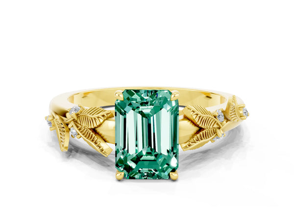 Yellow gold Emerald Cut Green Sapphire Solitaire Ring with Leaf Motif Band and Four-Prong Setting