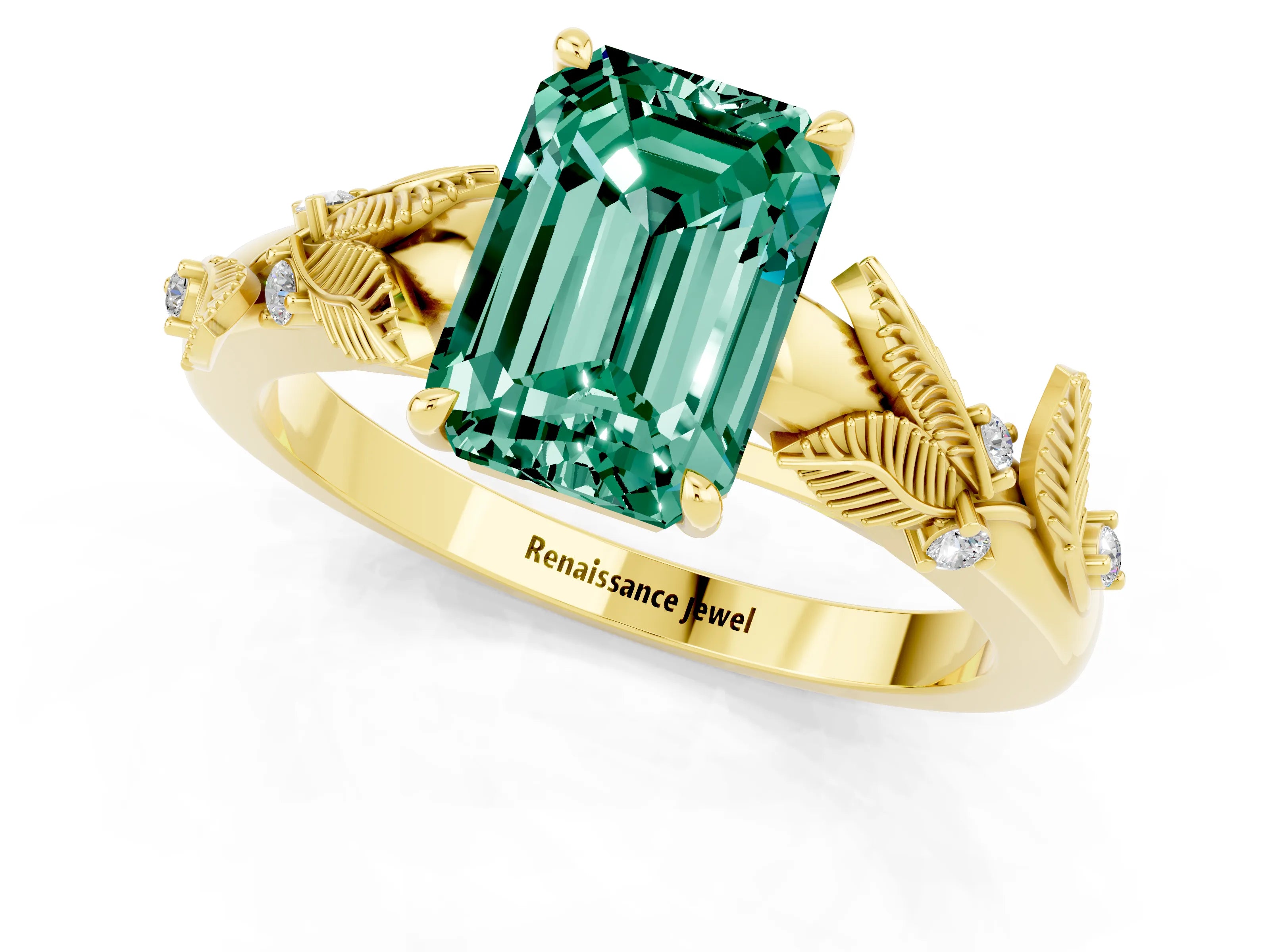 Yellow gold Emerald Cut Green Sapphire Solitaire Ring with Leaf Motif Band and Four-Prong Setting_1