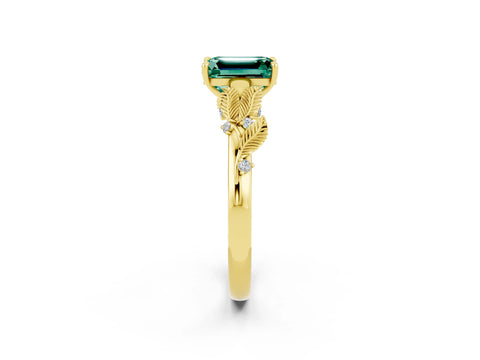 Yellow gold Emerald Cut Green Sapphire Solitaire Ring with Leaf Motif Band and Four-Prong Setting_2