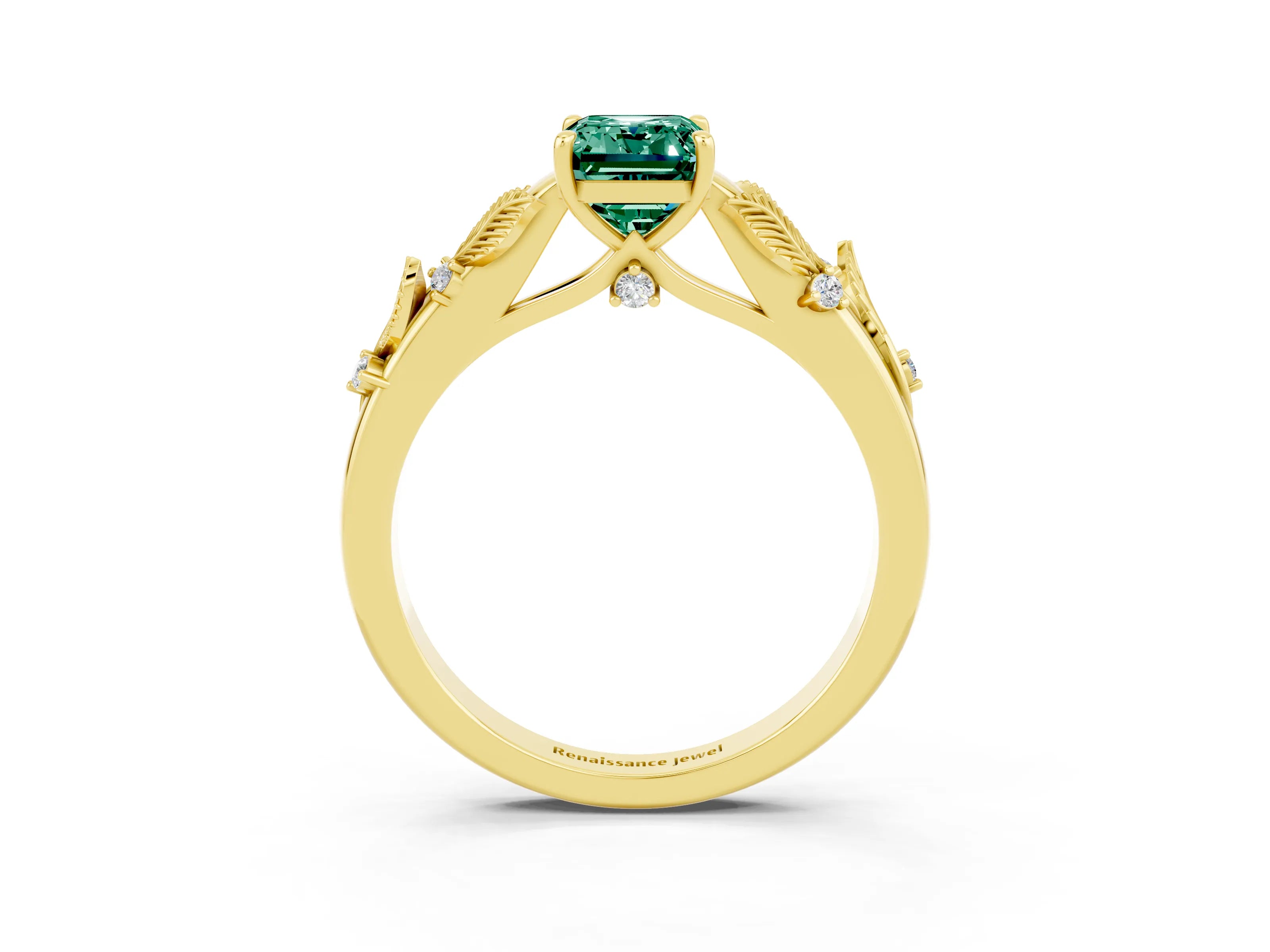 Yellow gold Emerald Cut Green Sapphire Solitaire Ring with Leaf Motif Band and Four-Prong Setting_3