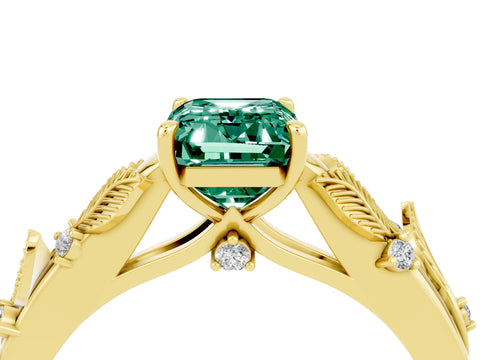 Yellow gold Emerald Cut Green Sapphire Solitaire Ring with Leaf Motif Band and Four-Prong Setting_4