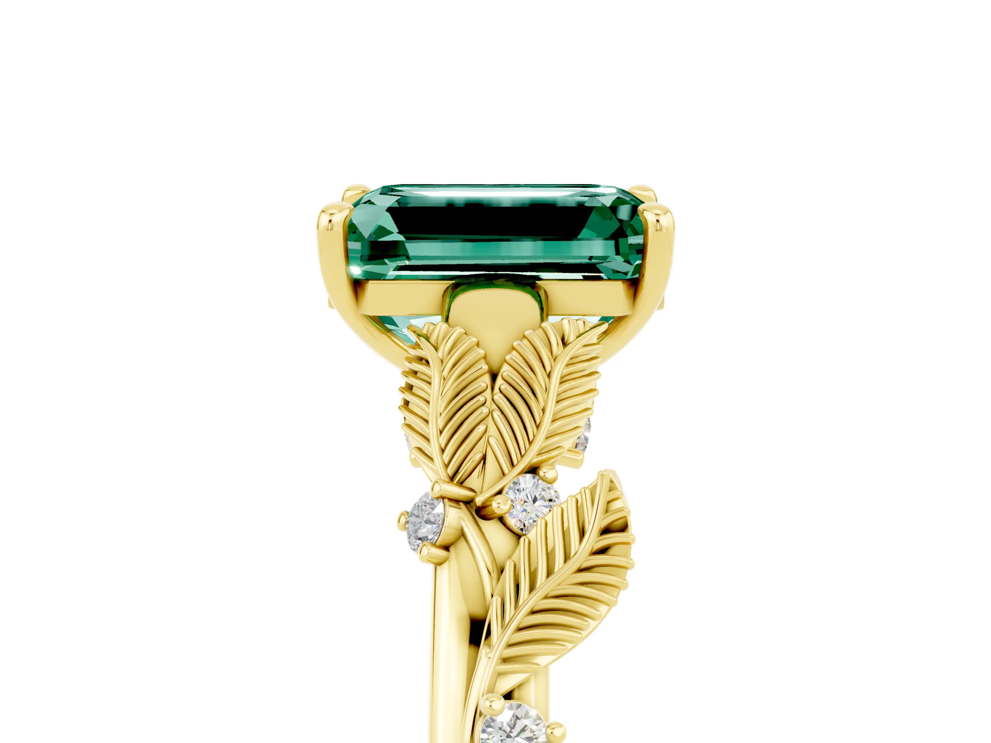 Yellow gold Emerald Cut Green Sapphire Solitaire Ring with Leaf Motif Band and Four-Prong Setting_5