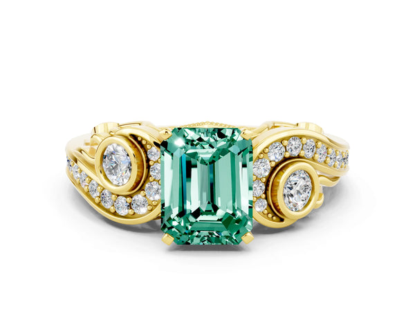 Yellow gold Emerald Cut Green Sapphire Solitaire Ring with Milgrain Pavé Band and Four-Prong Setting