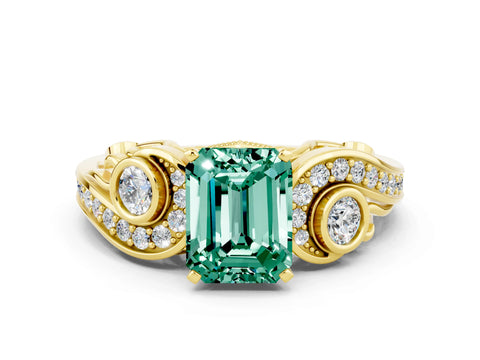 Yellow gold Emerald Cut Green Sapphire Solitaire Ring with Milgrain Pavé Band and Four-Prong Setting_24