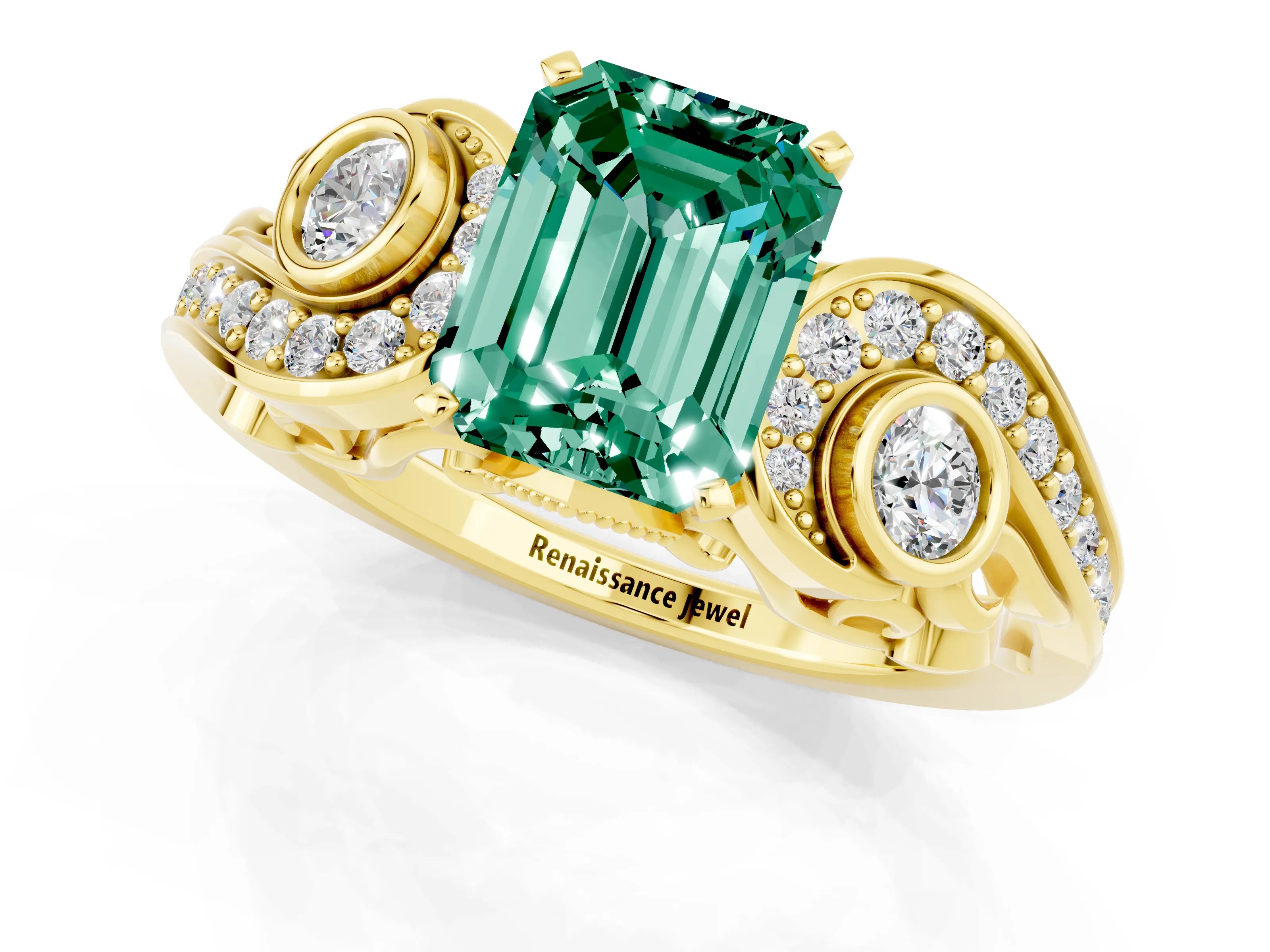 Yellow gold Emerald Cut Green Sapphire Solitaire Ring with Milgrain Pavé Band and Four-Prong Setting_25