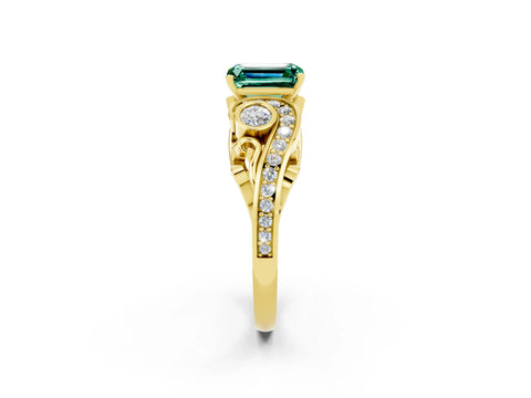 Yellow gold Emerald Cut Green Sapphire Solitaire Ring with Milgrain Pavé Band and Four-Prong Setting_26