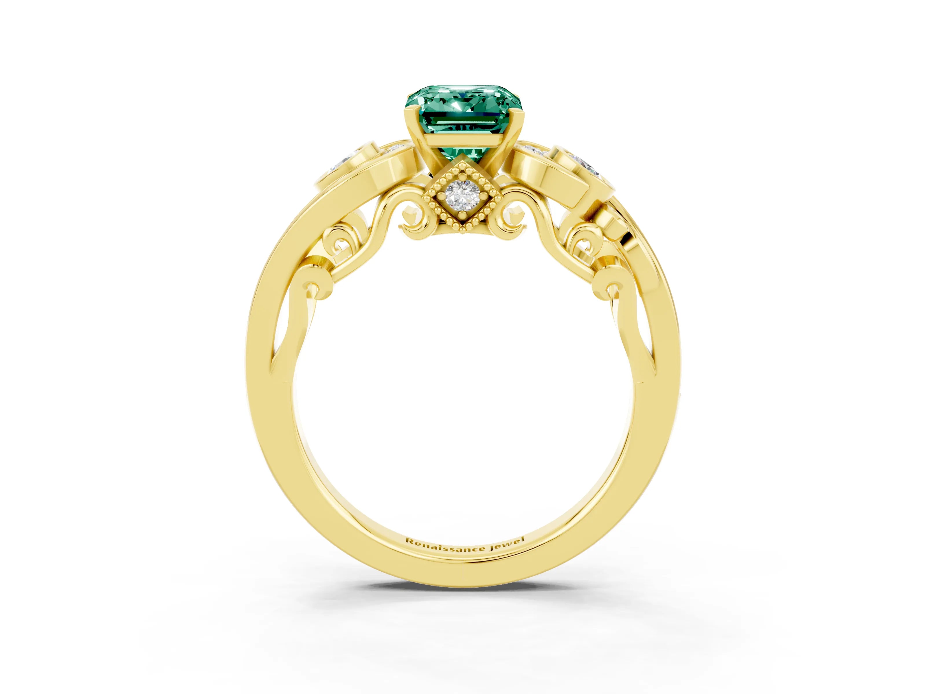 Yellow gold Emerald Cut Green Sapphire Solitaire Ring with Milgrain Pavé Band and Four-Prong Setting_27