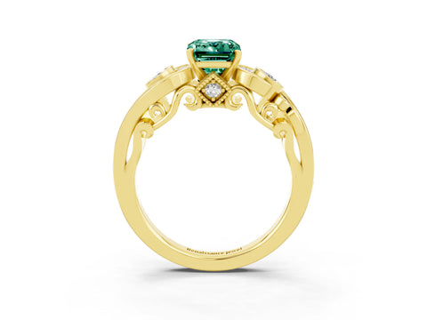 Yellow gold Emerald Cut Green Sapphire Solitaire Ring with Milgrain Pavé Band and Four-Prong Setting_27