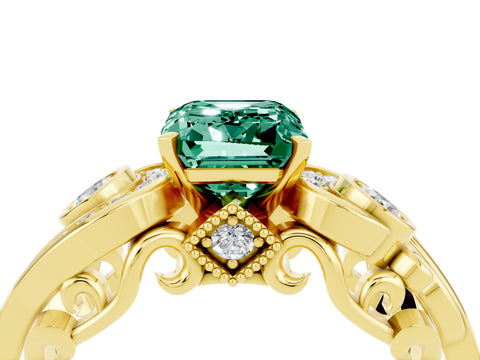 Yellow gold Emerald Cut Green Sapphire Solitaire Ring with Milgrain Pavé Band and Four-Prong Setting_28