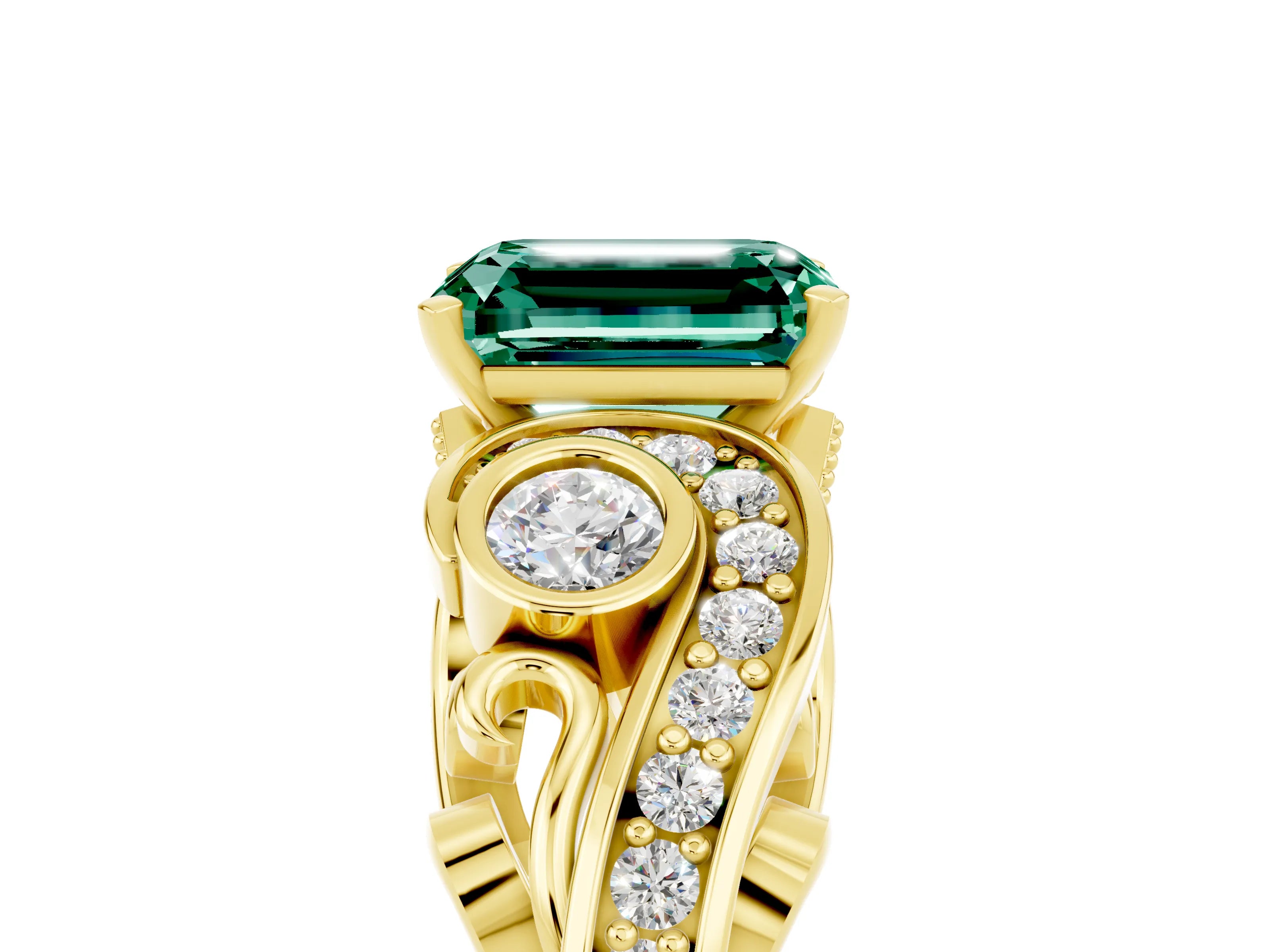 Yellow gold Emerald Cut Green Sapphire Solitaire Ring with Milgrain Pavé Band and Four-Prong Setting_29