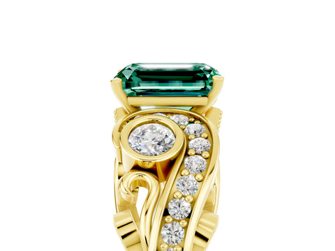 Yellow gold Emerald Cut Green Sapphire Solitaire Ring with Milgrain Pavé Band and Four-Prong Setting_29