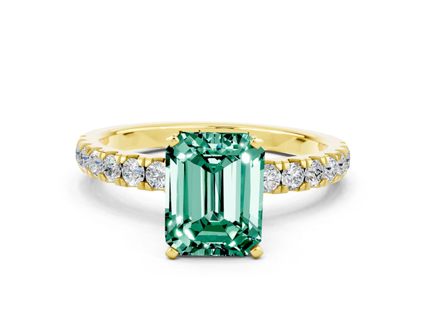 Yellow gold Emerald Cut Green Sapphire Solitaire Ring with Pavé Accents and Four-Prong Setting