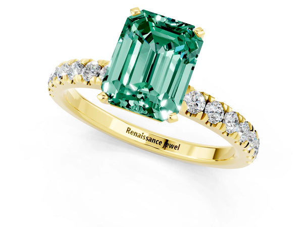 Yellow gold Emerald Cut Green Sapphire Solitaire Ring with Pavé Accents and Four-Prong Setting
