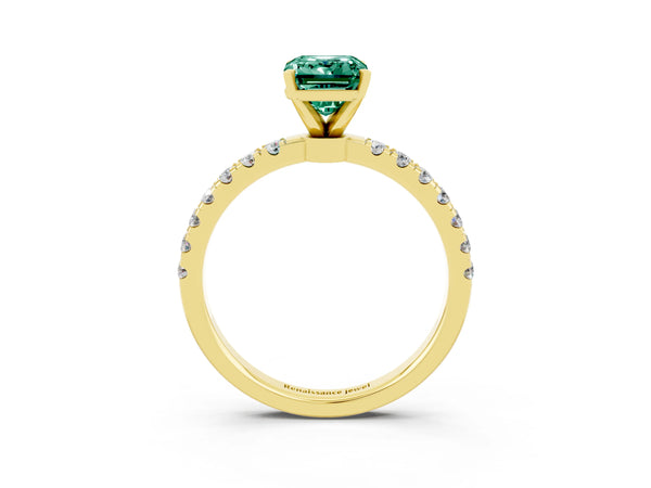 Yellow gold Emerald Cut Green Sapphire Solitaire Ring with Pavé Accents and Four-Prong Setting