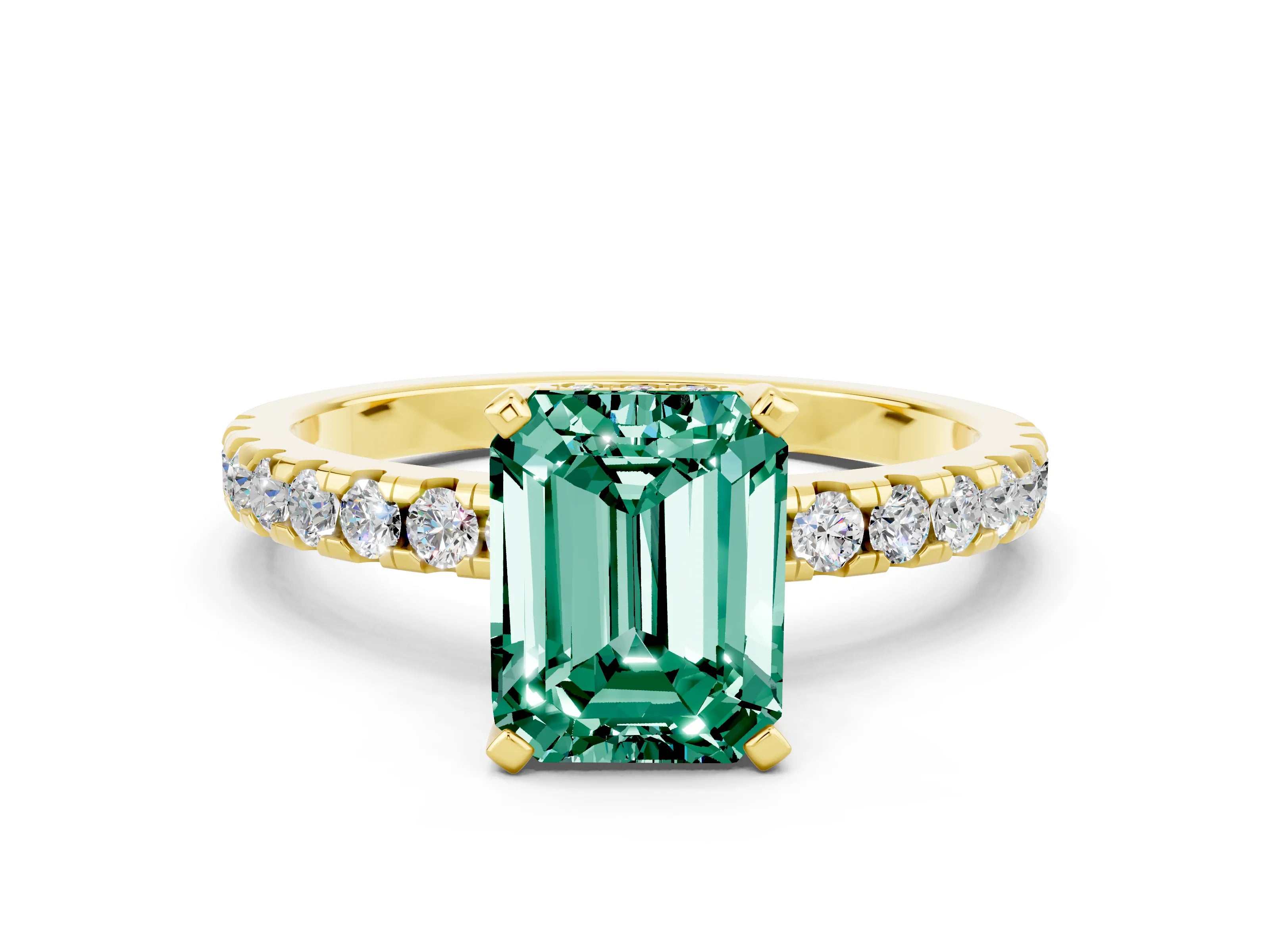 Yellow gold Emerald Cut Green Sapphire Solitaire Ring with Pavé Band and Four-Prong Setting_24