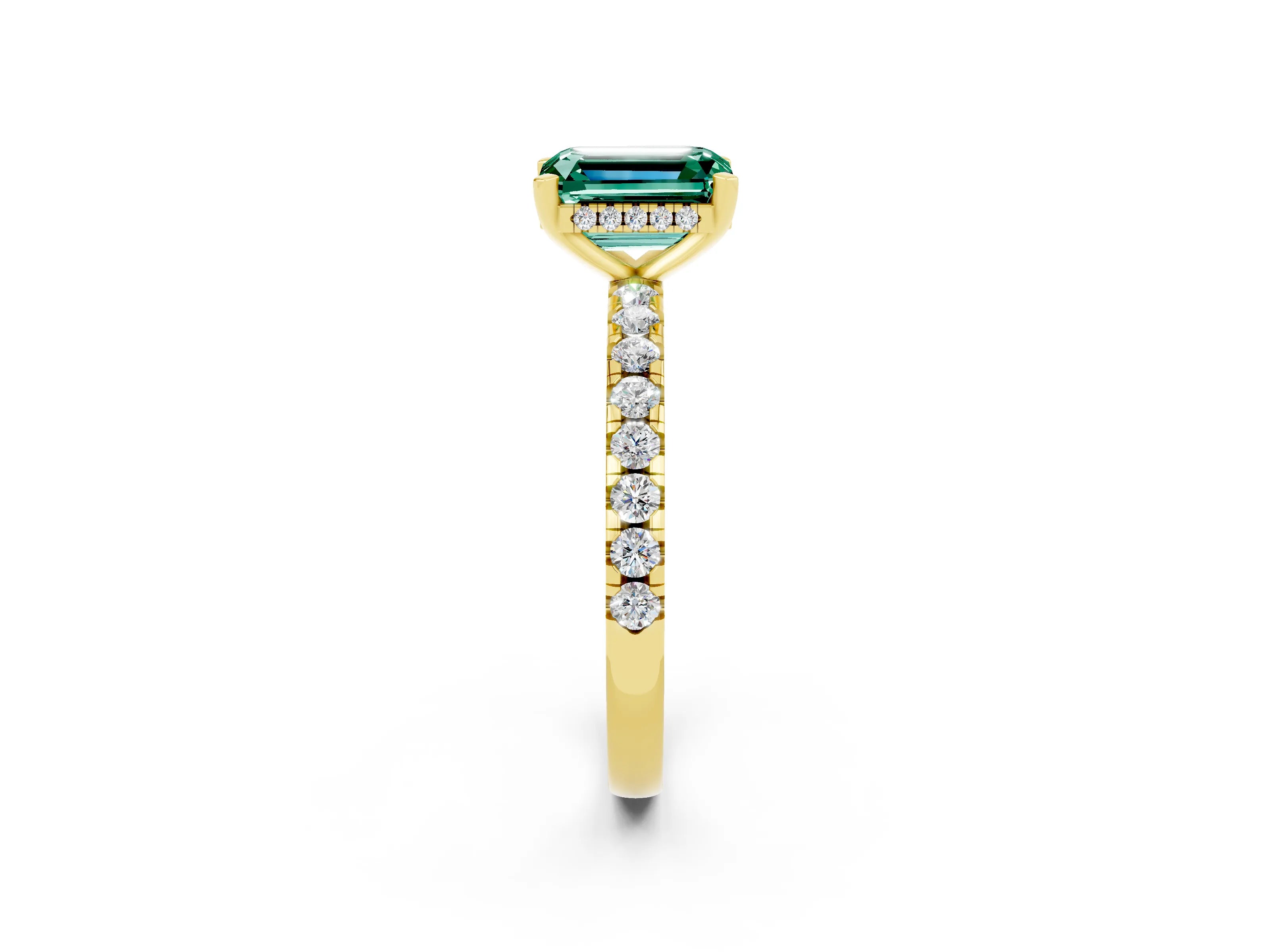 Yellow gold Emerald Cut Green Sapphire Solitaire Ring with Pavé Band and Four-Prong Setting_26