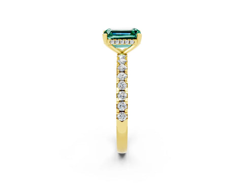 Yellow gold Emerald Cut Green Sapphire Solitaire Ring with Pavé Band and Four-Prong Setting_26