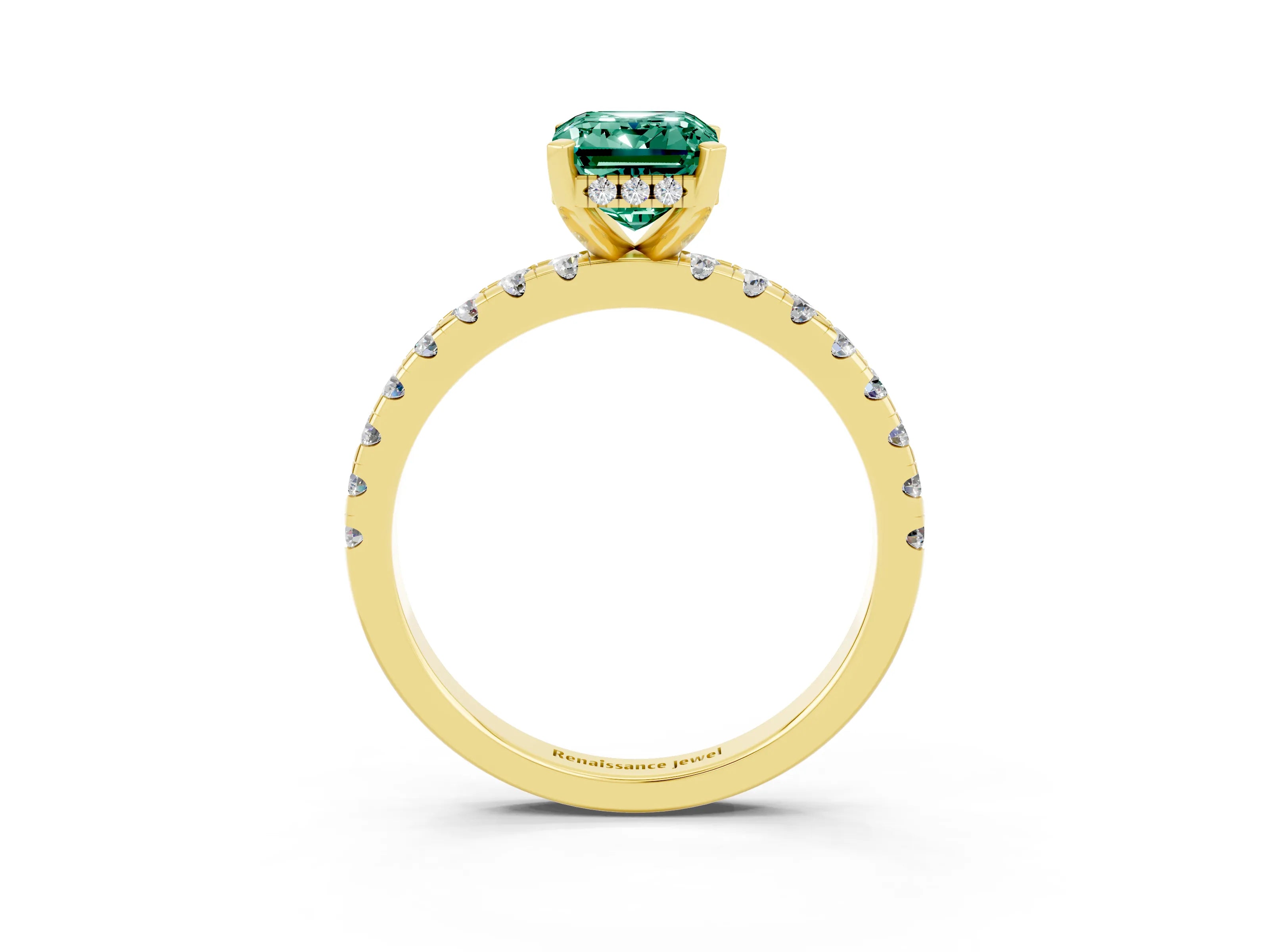 Yellow gold Emerald Cut Green Sapphire Solitaire Ring with Pavé Band and Four-Prong Setting_27