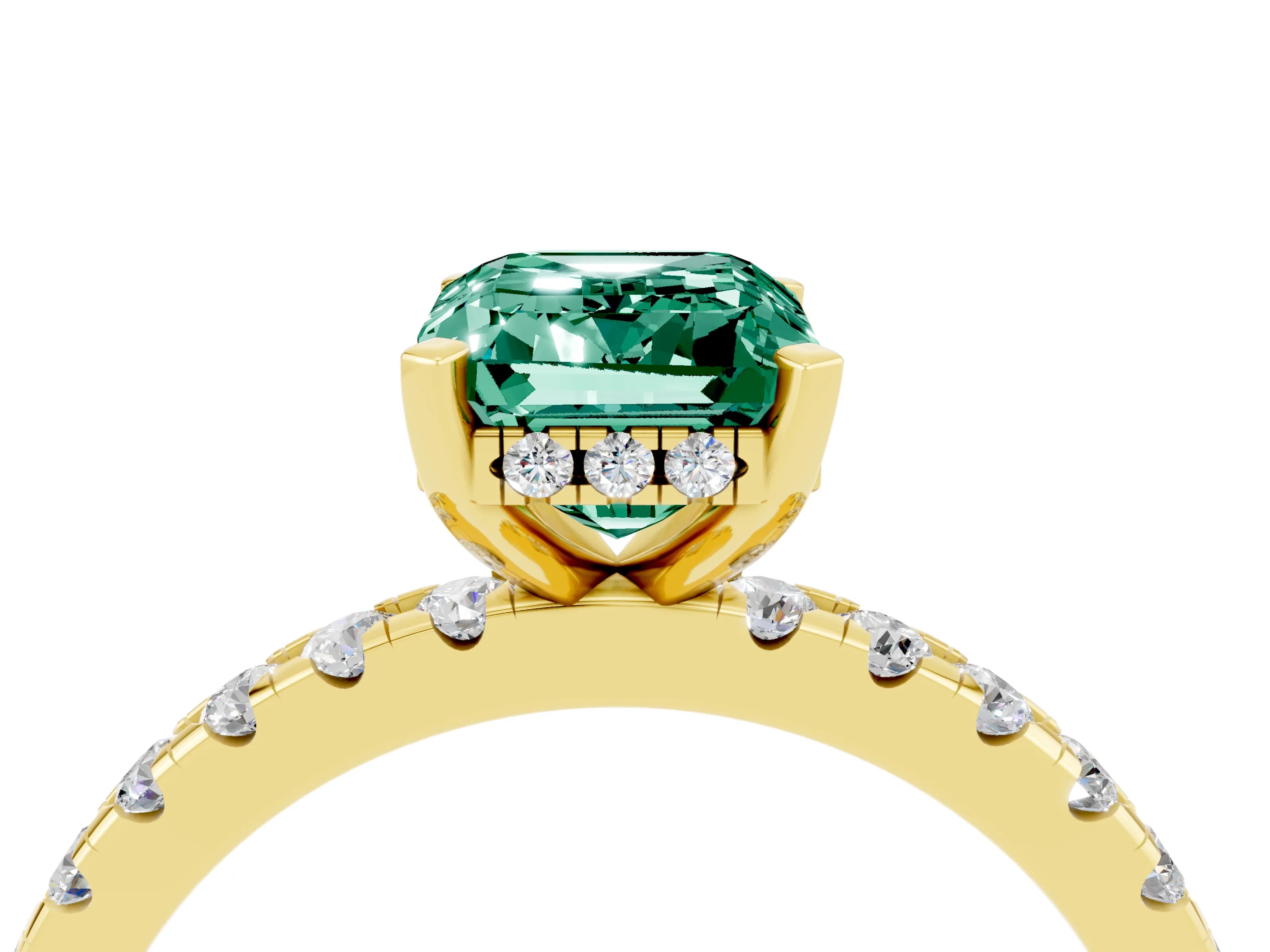 Yellow gold Emerald Cut Green Sapphire Solitaire Ring with Pavé Band and Four-Prong Setting_28