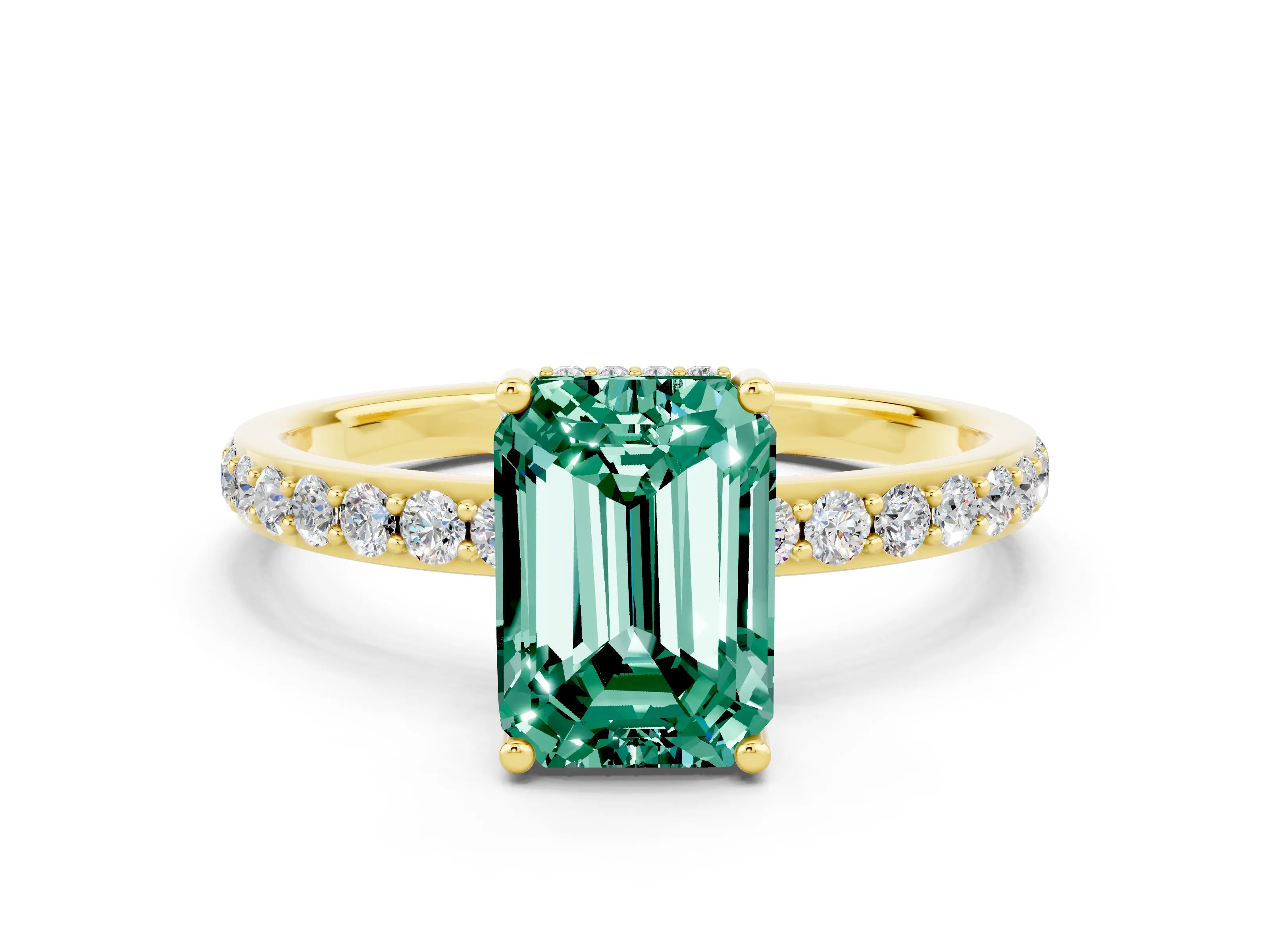 Yellow gold Emerald Cut Green Sapphire Solitaire Ring with Pavé Band and Hidden Halo_12