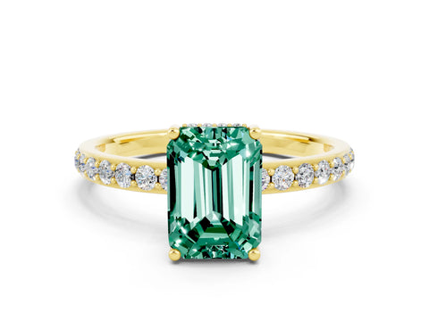 Yellow gold Emerald Cut Green Sapphire Solitaire Ring with Pavé Band and Hidden Halo_12