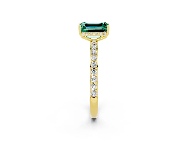 Yellow gold Emerald Cut Green Sapphire Solitaire Ring with Pavé Band and Hidden Halo