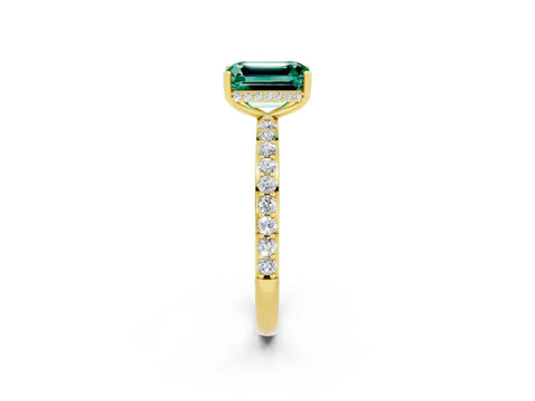 Yellow gold Emerald Cut Green Sapphire Solitaire Ring with Pavé Band and Hidden Halo_14