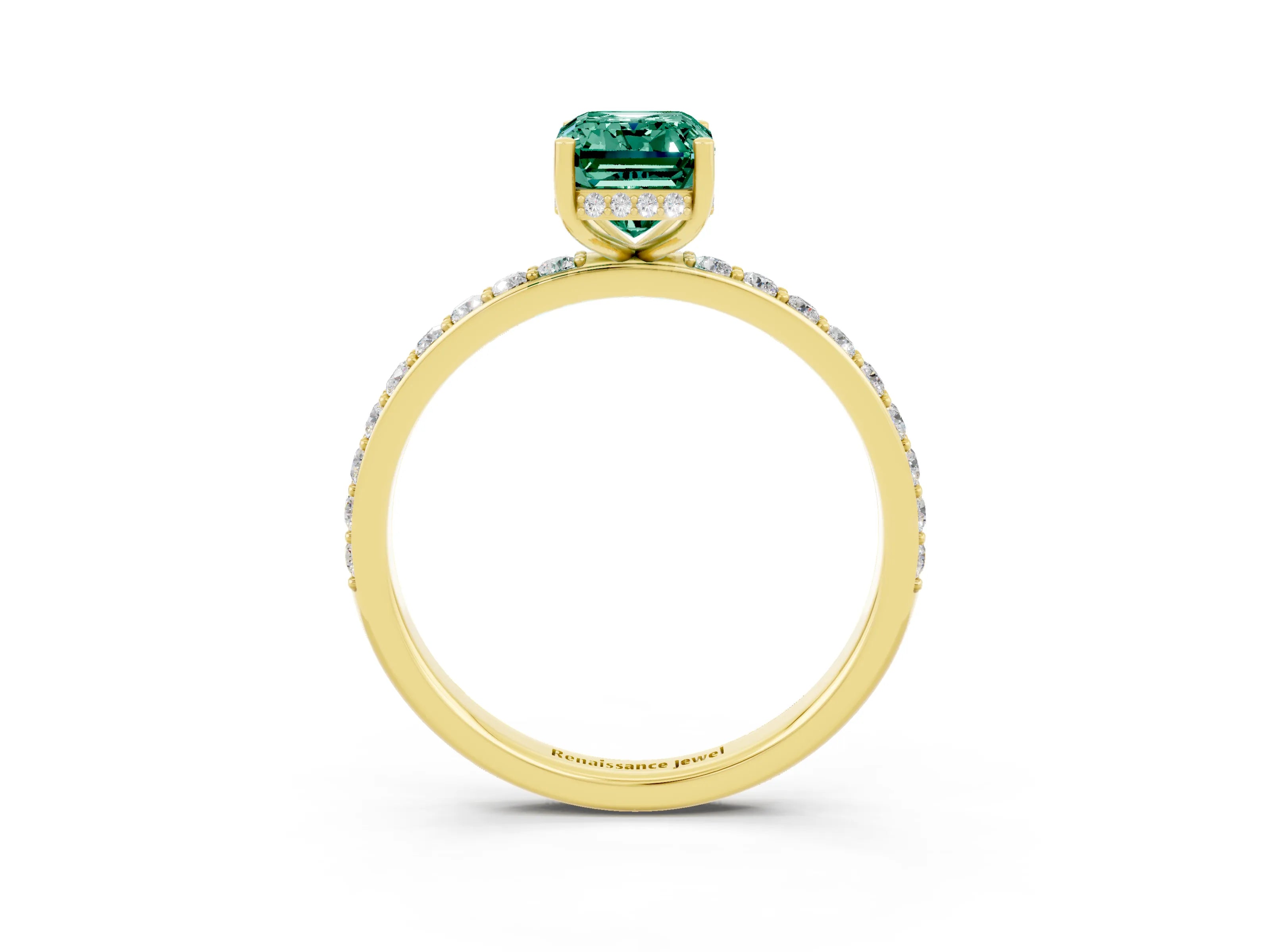 Yellow gold Emerald Cut Green Sapphire Solitaire Ring with Pavé Band and Hidden Halo_15