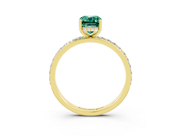 Yellow gold Emerald Cut Green Sapphire Solitaire Ring with Pavé Band and Hidden Halo