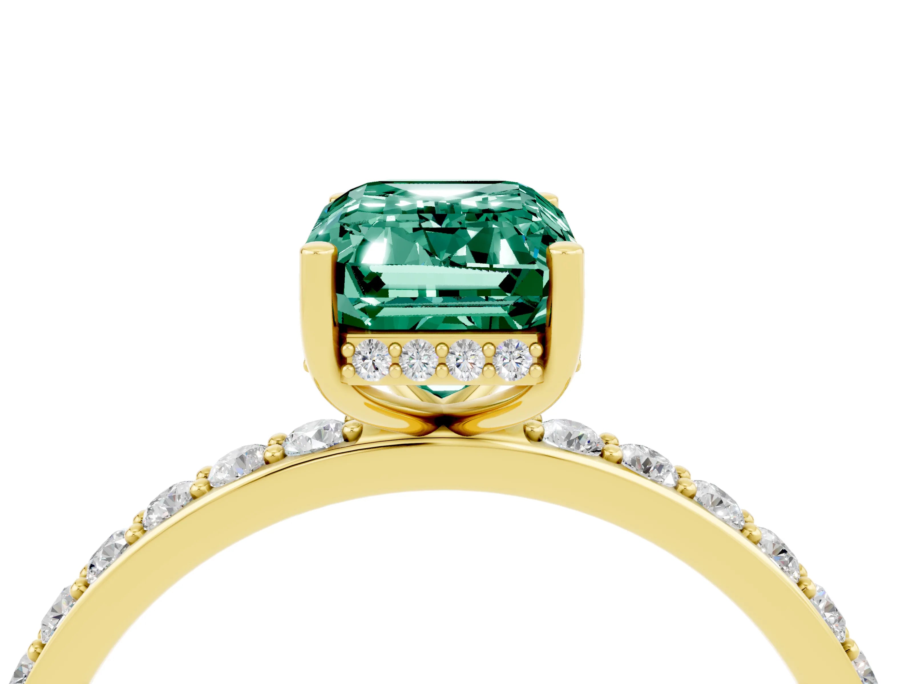 Yellow gold Emerald Cut Green Sapphire Solitaire Ring with Pavé Band and Hidden Halo_16