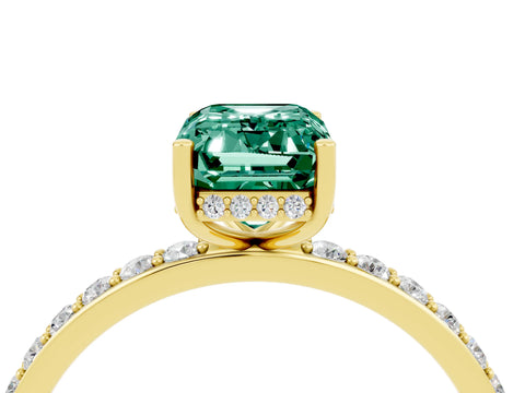 Yellow gold Emerald Cut Green Sapphire Solitaire Ring with Pavé Band and Hidden Halo_16