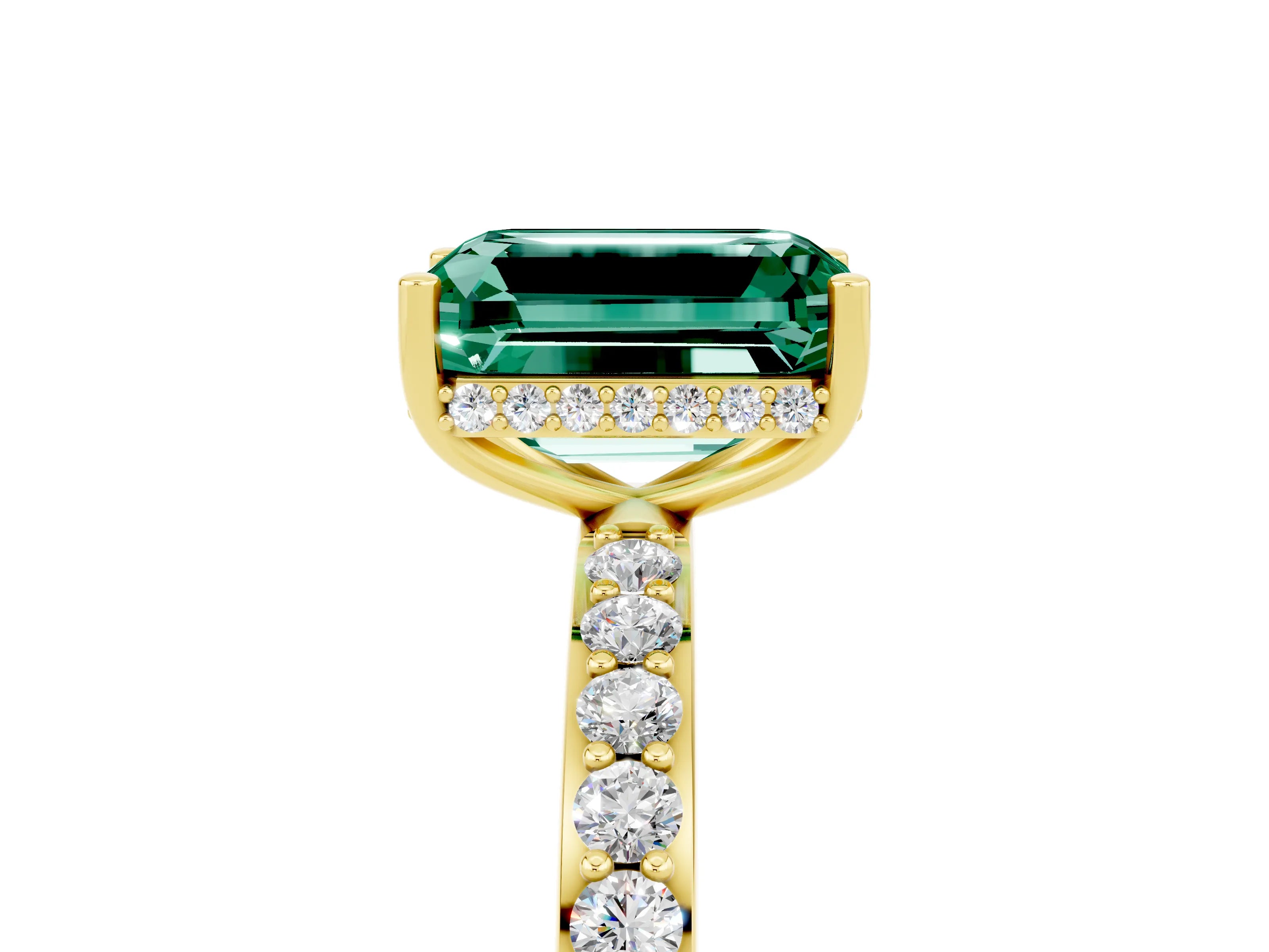 Yellow gold Emerald Cut Green Sapphire Solitaire Ring with Pavé Band and Hidden Halo_17