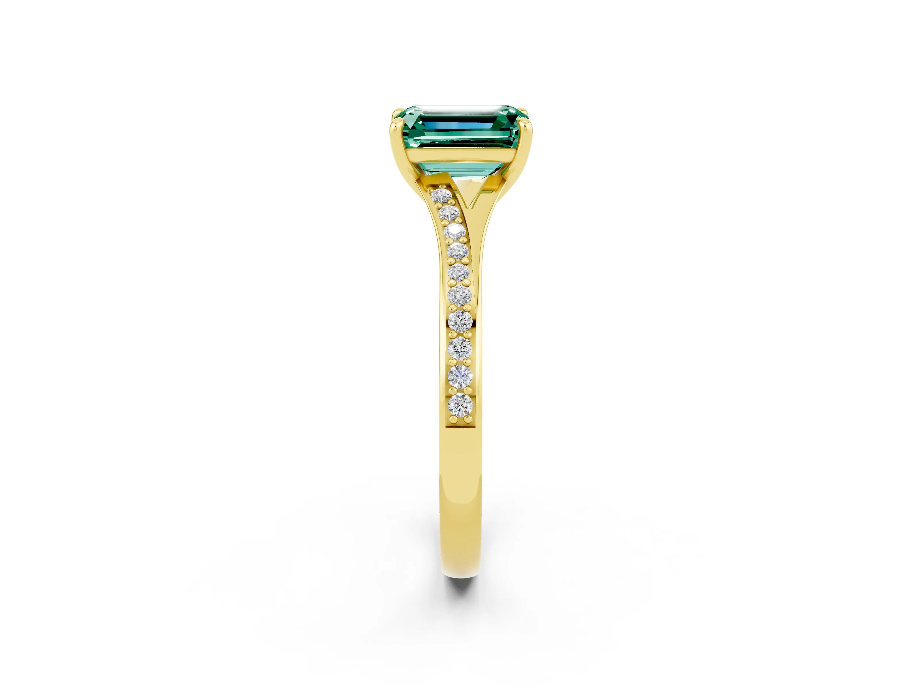 Yellow gold Emerald Cut Green Sapphire Solitaire Ring with Pavé Band and Prong Setting_2
