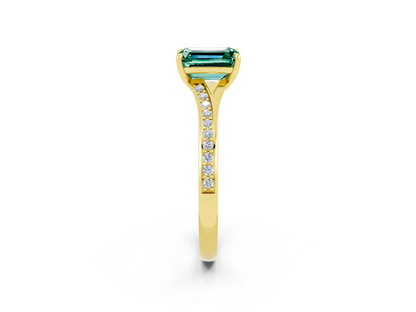 Yellow gold Emerald Cut Green Sapphire Solitaire Ring with Pavé Band and Prong Setting
