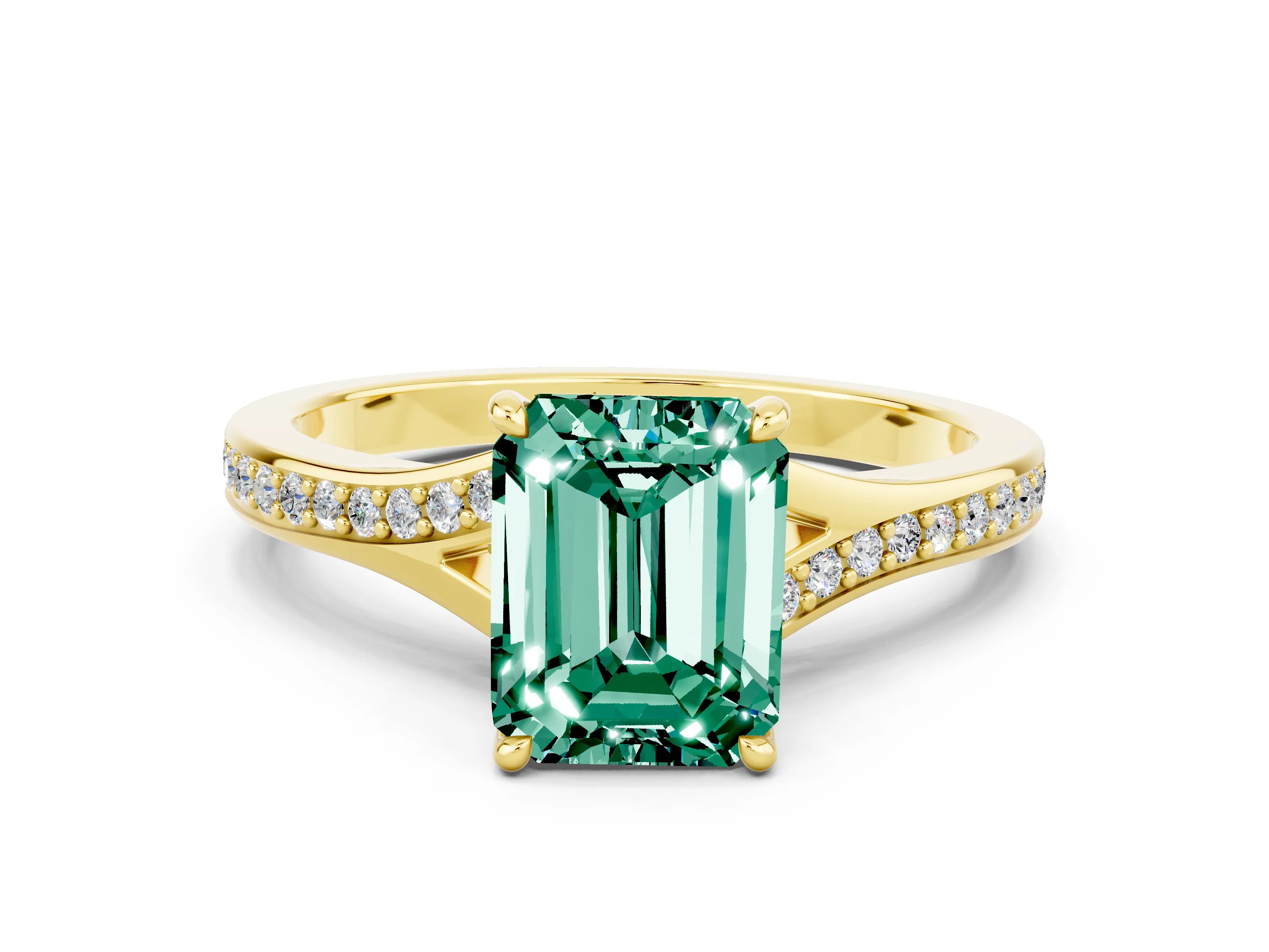 Yellow gold Emerald Cut Green Sapphire Solitaire Ring with Pavé Band and Prong Setting_24