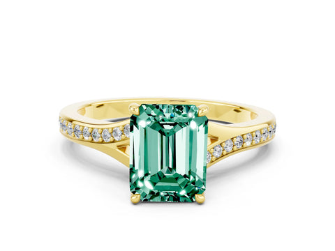 Yellow gold Emerald Cut Green Sapphire Solitaire Ring with Pavé Band and Prong Setting_24